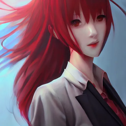 Image similar to kurisu makise, elegant, ultra highly detailed, digital painting, smooth, sharp focus, artstation, top-down shot, red background, art by Ina Wong