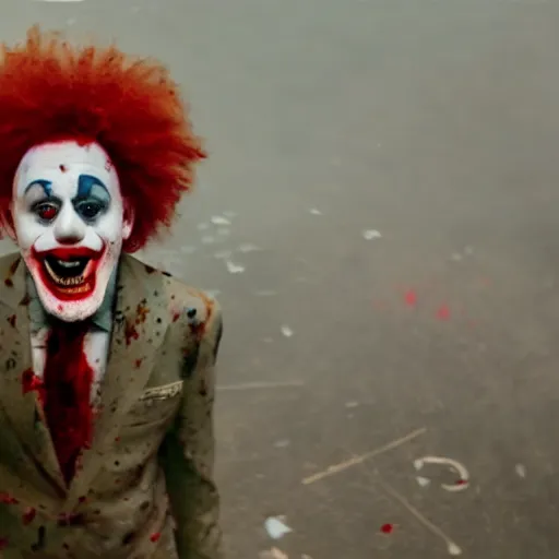 Image similar to full body heat to toe shot of an expressionless clown with blood splattered on him, muted tones, slightly out of focus, found footage, dutch angle