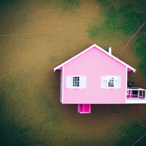 Image similar to a 5 0 mm lens photograph of a cute pink floating modern house, floating in the air between clouds, inspired by the movie up, held up from above by heart ballons. mist, playful composition canon, nikon, award winning, photo of the year