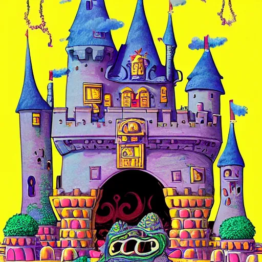 Image similar to anthropomorphic fantasy castle, a castle laughing, organic, bubbly towers and gates, eyes and tongue, surreal, cute artwork by studio ghibli, jim woodring