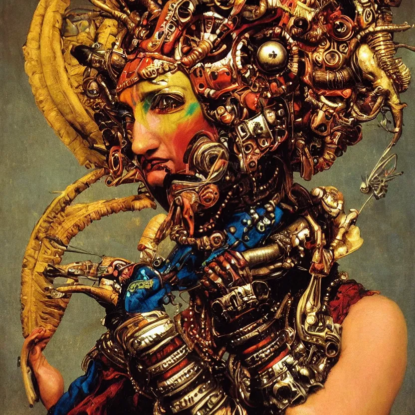 Prompt: a baroque close - up portrait of a fantasy alien cyborg shaman god wearing facepaint and a colorful futuristic aztec visor with metallic technology, holding a bird. black background. studio lighting. highly detailed science fiction fantasy painting by norman rockwell, moebius, frank frazetta, syd mead, and sandro botticelli. high contrast. renaissance masterpiece. artstation.