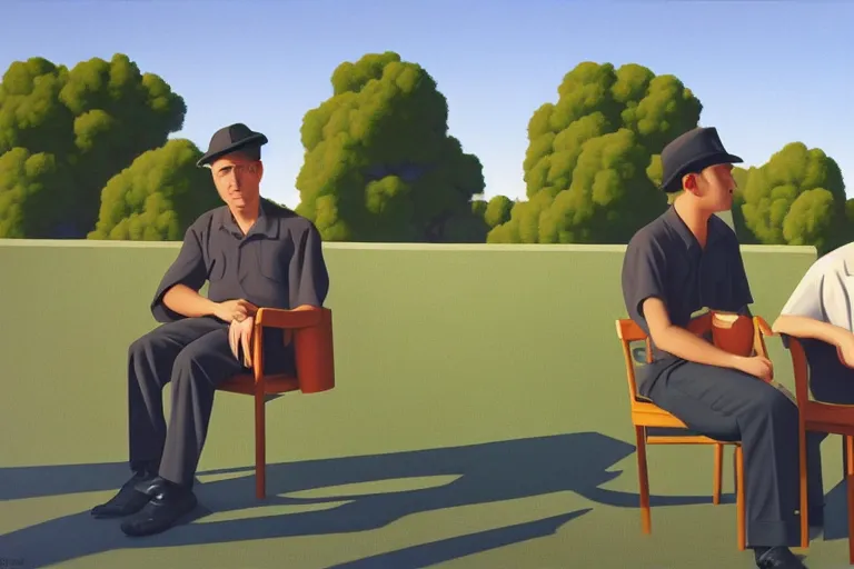 Prompt: two men talking, summer afternoon, kenton nelson