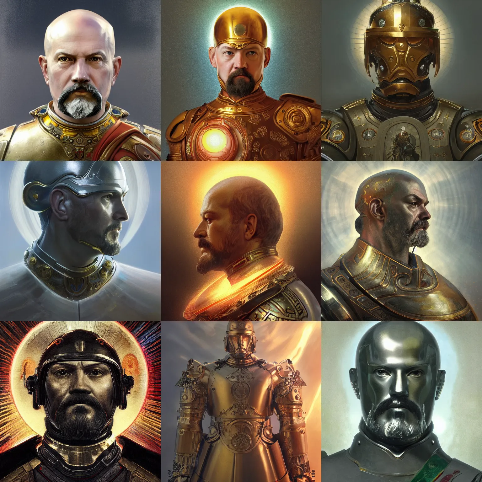 Image similar to masterpiece head - on symmetrical centered painted portrait, lenin as a holy warrior, holy light halo, glorious, wearing full metal armour, elegant, distant, in the style of ruan jia and artgerm and edgar maxence and ross tran and michael whelan and mucha, 8 k, octane render