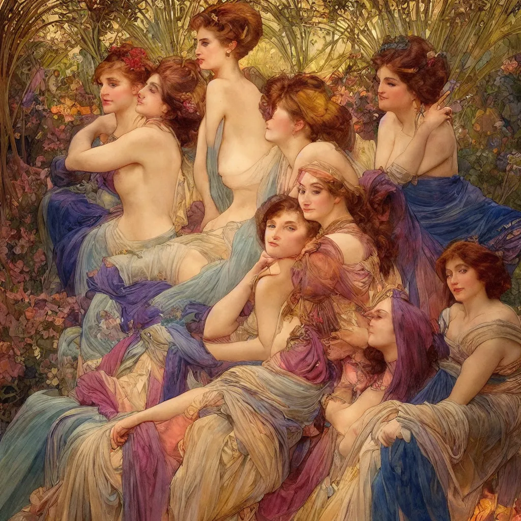 Image similar to a beautiful watercolour of two sisters and a jealous brother, bio - luminescence, intricate, cinematic, sharp focus, photorealistic, highly detailed, in the style of delphin enjolras and alphonse mucha 8 k