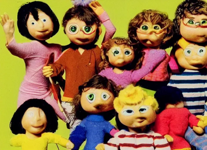 Prompt: a still from a 1 9 8 0 s stop - motion children ’ s tv programme, vhs distortion