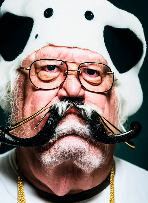 Image similar to dslr portrait photo still of!!! wilfred brimley!!! white mustache as a gangsta rapper with gold chains and gold teeth grills growling at camera, 8 k, 8 5 mm f 1. 8