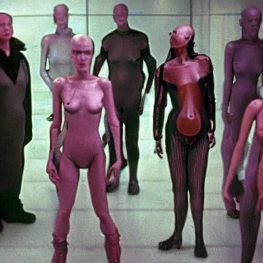 Prompt: a group of humanoid replicants try to take the camera away from you, paparazzi, flash photography