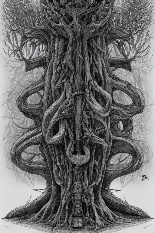 Image similar to Yggdrasil the tree of life by H R Giger and Moebius, trending on artstation