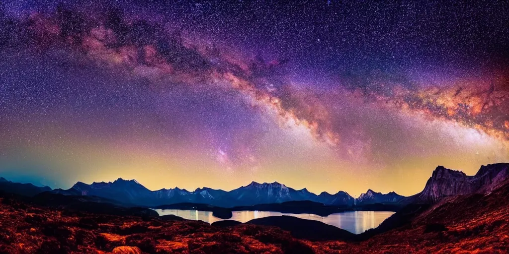 Image similar to beautiful nighttime landscape photography of the Rocky Mountains with a crystal blue lake, hyper detailed milky way galaxy sky, serene, dramatic lighting.