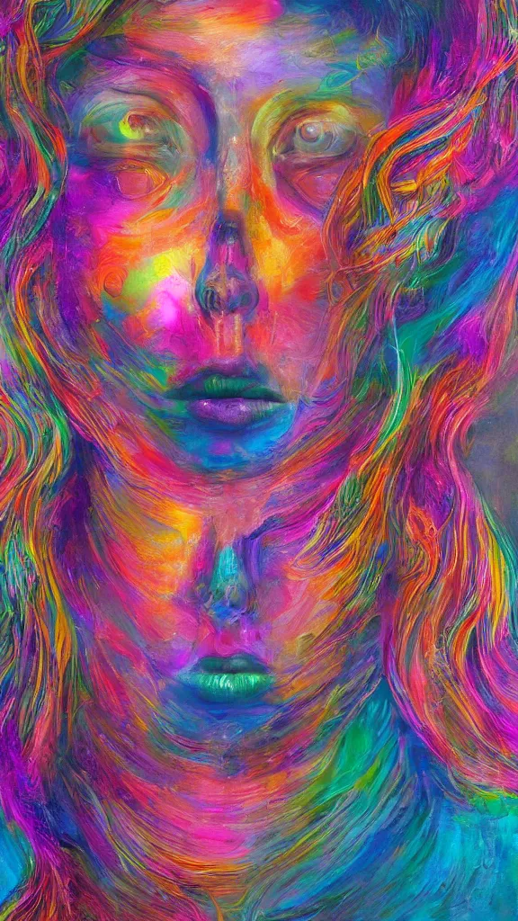 Image similar to hyperrealistic abstract close-up female! portrait Renaissance psychedelic!! celestial happy! pure creature!! peaceful! kind spirit of nature! beautiful fractal!! eyes! highly detailed concept art eric zener elson peter cinematic hard rainbow lighting high angle hd 8k sharp shallow depth of field endless, inspired by Zdzisław Beksiński Salvador Dali