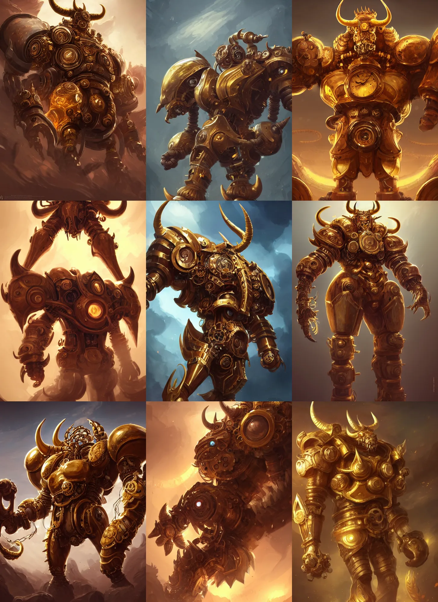 Prompt: a highly detailed illustration of gentle mighty colossal golden fighting horned mechanical steampunk titan, with cute doting eyes, intricate, elegant, highly detailed, centered, digital painting, artstation, concept art, smooth, sharp focus, league of legends concept art, wlop.