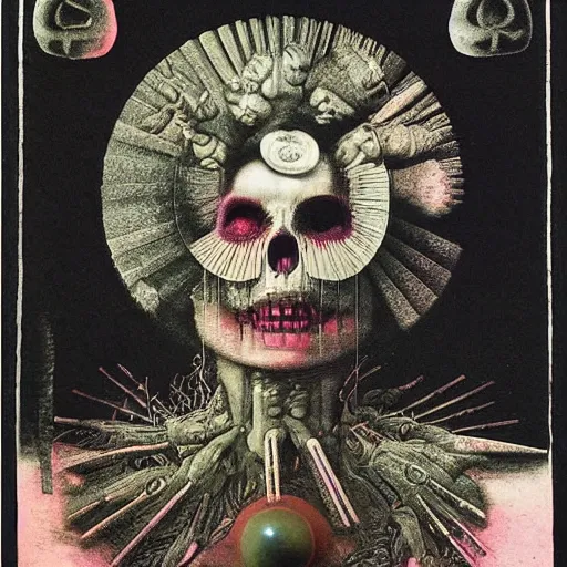 Image similar to post - punk new age album cover, asymmetrical design, dollar bank notes, capitalism, magic, apocalypse, psychedelic, black white pastel pink, slightly holographic, magic, giger h. r., giuseppe arcimboldo, peder balke