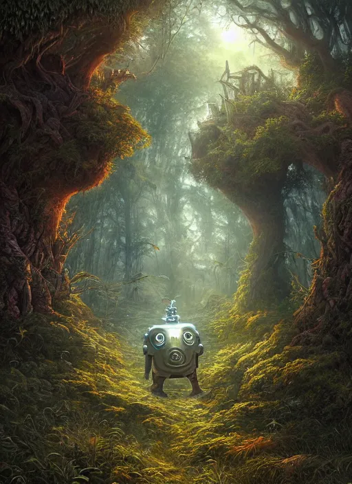 Image similar to Ancient overgrown Robot laying in a clearing, extremly detailed digital painting, sunlight, in the style of Tomasz Alen Kopera and Fenghua Zhong and Peter Mohrbacher, mystical colors, rim light, beautiful lighting, 8k, stunning scene, raytracing, octane, trending on artstation