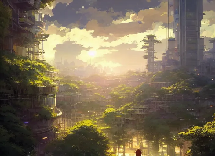 Image similar to concept art of a utopian solarpunk city, key visual, ambient lighting, highly detailed, digital painting, artstation, concept art, sharp focus, by makoto shinkai and akihiko yoshida and hidari and wlop