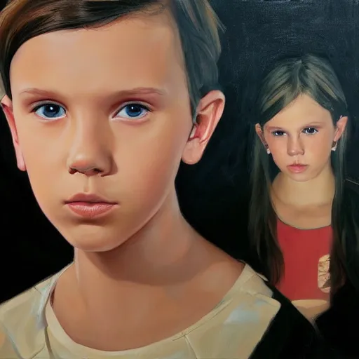 Prompt: Millie Bobby Brown portrait oil painting by zeenchin and ericanthonyj