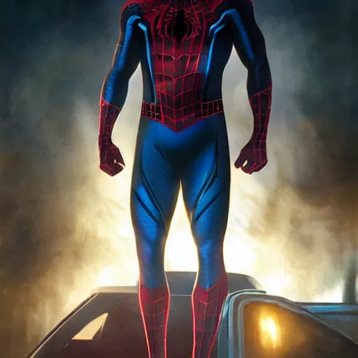 Image similar to ryan reynolds as spider - man, wearing a black and blue suit, cinematic, volumetric lighting, f 8 aperture, cinematic eastman 5 3 8 4 film, photorealistic by greg rutkowski, by stanley artgerm, by alphonse mucha