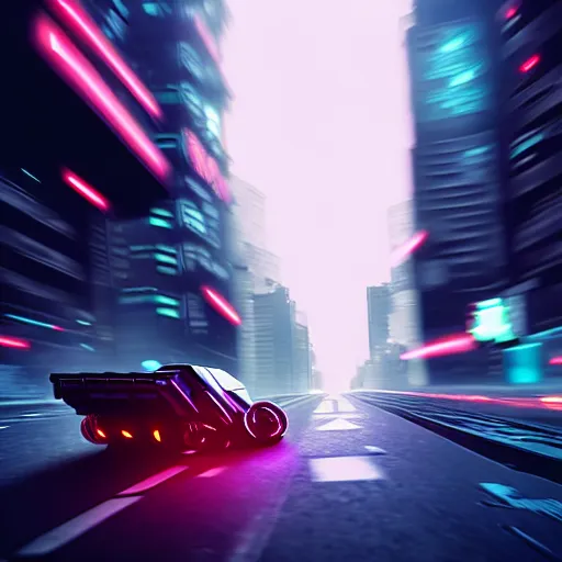 Image similar to cyberpunk dodging a moving car, in the style of greg rutkowski