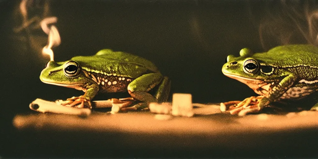 Prompt: detailed medium format photo, polaroid still from tarkovsky movie, frog while smoking a cigarette, haze, high production value, intricate details, 8 k resolution, hyperrealistic, hdr, photorealistic, high definition, tehnicolor, award - winning photography, masterpiece, amazing colors