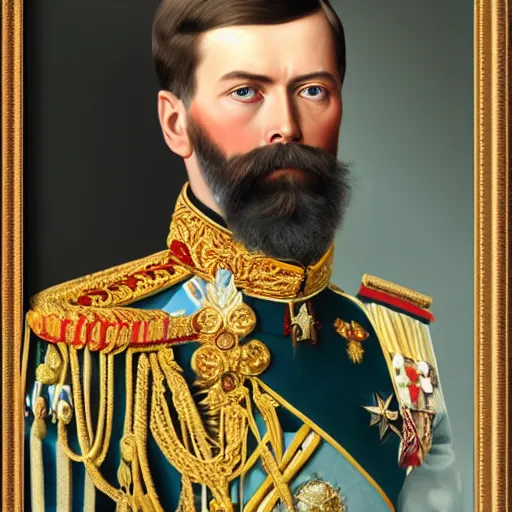 Image similar to detailed hyper-realistic portrait painting of Tsar Nicholas II of Russia 4K details