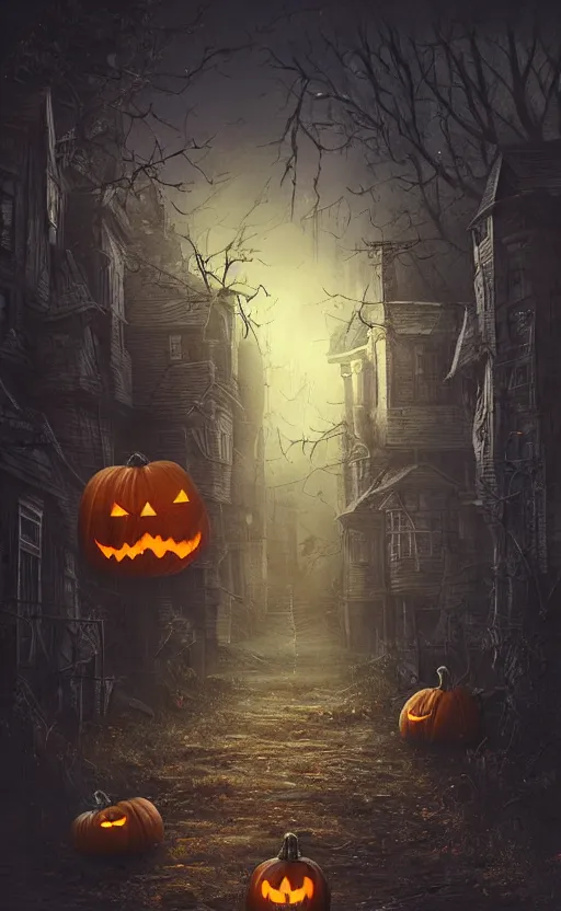 Image similar to a creepy and eery Halloween setting, with Jack o lanterns on the street and shadow figures lurking about, dynamic lighting, photorealistic fantasy concept art, stunning visuals, creative, cinematic, ultra detailed, trending on art station, spooky vibe