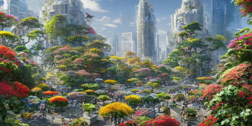 Prompt: a post-modern city intertwined with a great diversity of flora, built off of plants and with various floral arrangements, greg rutkowski, thomas kinkade, andrei riabovitichev, hokusai, vladimir kush, michal karcz, trending on artstation --height 1024