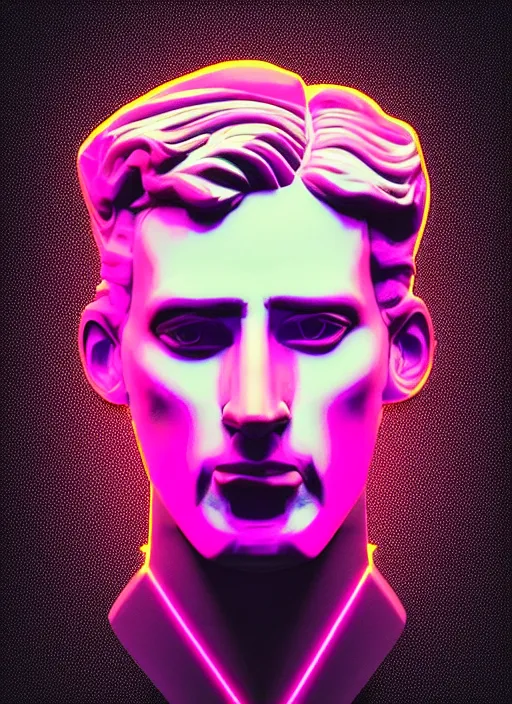 Image similar to bust of uberchad with chiseled jaw, beeple, vaporwave, retrowave, black background, neon wiring, black, glitch, strong contrast, cuts, pinterest, trending on artstation