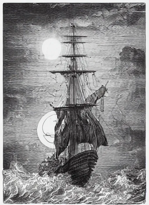 Image similar to realistic galleon on the high seas big waves moonlight, art by james o barr and albrecht durer and gustave dore, woodblock print, steel engraving, black and white, vector, vector art