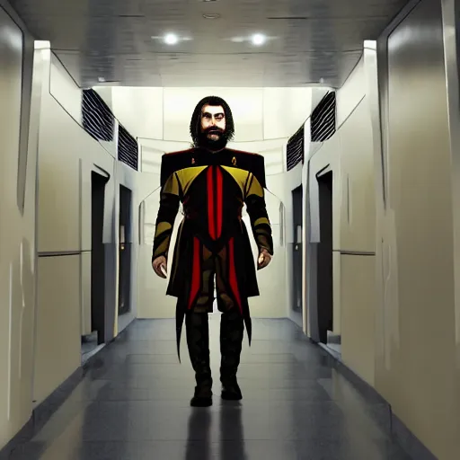 Image similar to a Klingon standing in a Star Trek Federation hallway