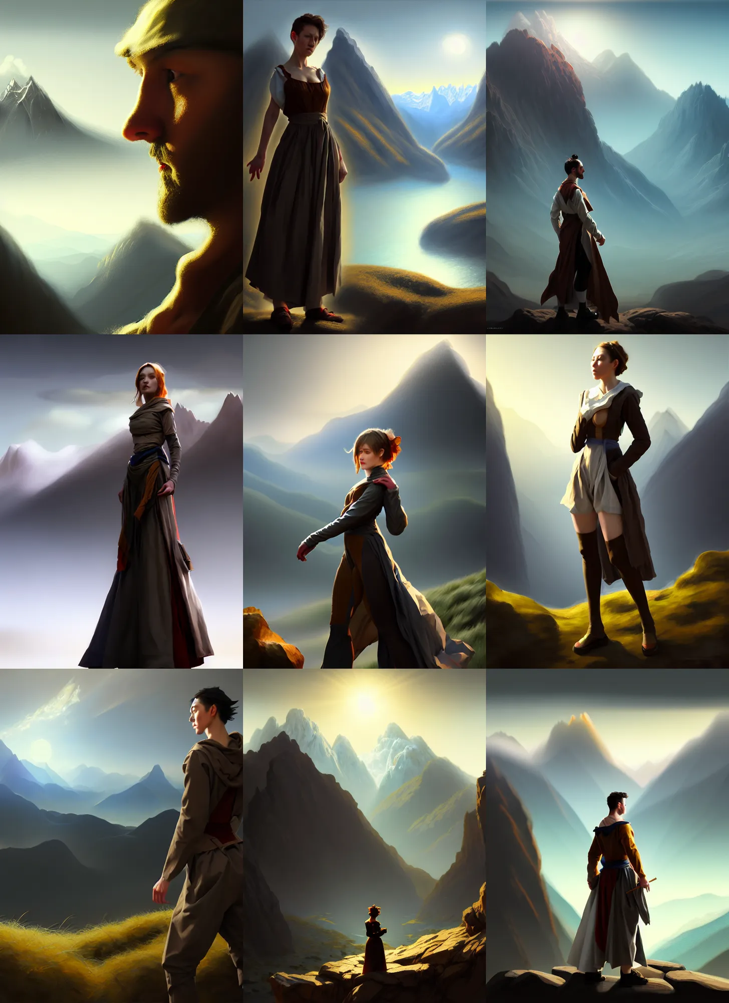 Prompt: costume design made with love, sophisticated composition, old masters light composition, procedurally generated, drama character posing for concept art, dramatic mountains behind, substance designer, PBR, HD, Ultra detailed, hyperrealistic, megascans, volumetric light, concept by master artist, made in paint tool SAI2, trending pixiv face