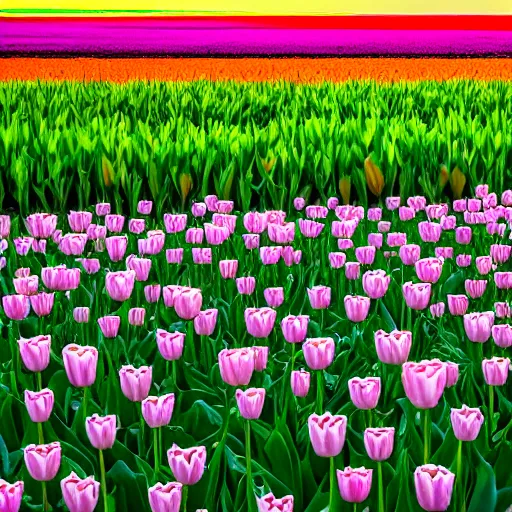 Prompt: A 4k photo of a field of tulips, blue skies, high contrast, early morning