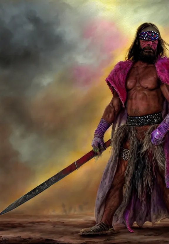 Prompt: a solitary macho man randy savage wearing a colourful heavy cloak alone full body rocky desolate wasteland | portrait | fantasy impressionist watercolour painting | matte painting | matte drawing | middle earth | pathfinder | featured on artstation deviant art | sword and sorcery | pintrest | conan | darksun | d & d dungeons and dragons | barbarian