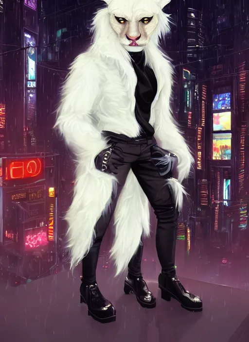 Image similar to award winning beautiful portrait commission art of a male furry anthro albino mountain lion fursona with a tail and a cute beautiful attractive detailed furry face wearing black stylish cyberpunk pants, black stylish cyberpunk boots, red cyberpunk vest in a cyberpunk city at night while it rains. Character design by charlie bowater, ross tran, artgerm, and makoto shinkai, detailed, inked, western comic book art