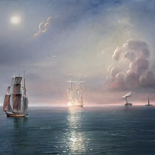 Image similar to a beautiful coastline with an ominous biopunk tower with glowing lights rising in the distance with a sailing ship in the foreground, painting by John Berkley