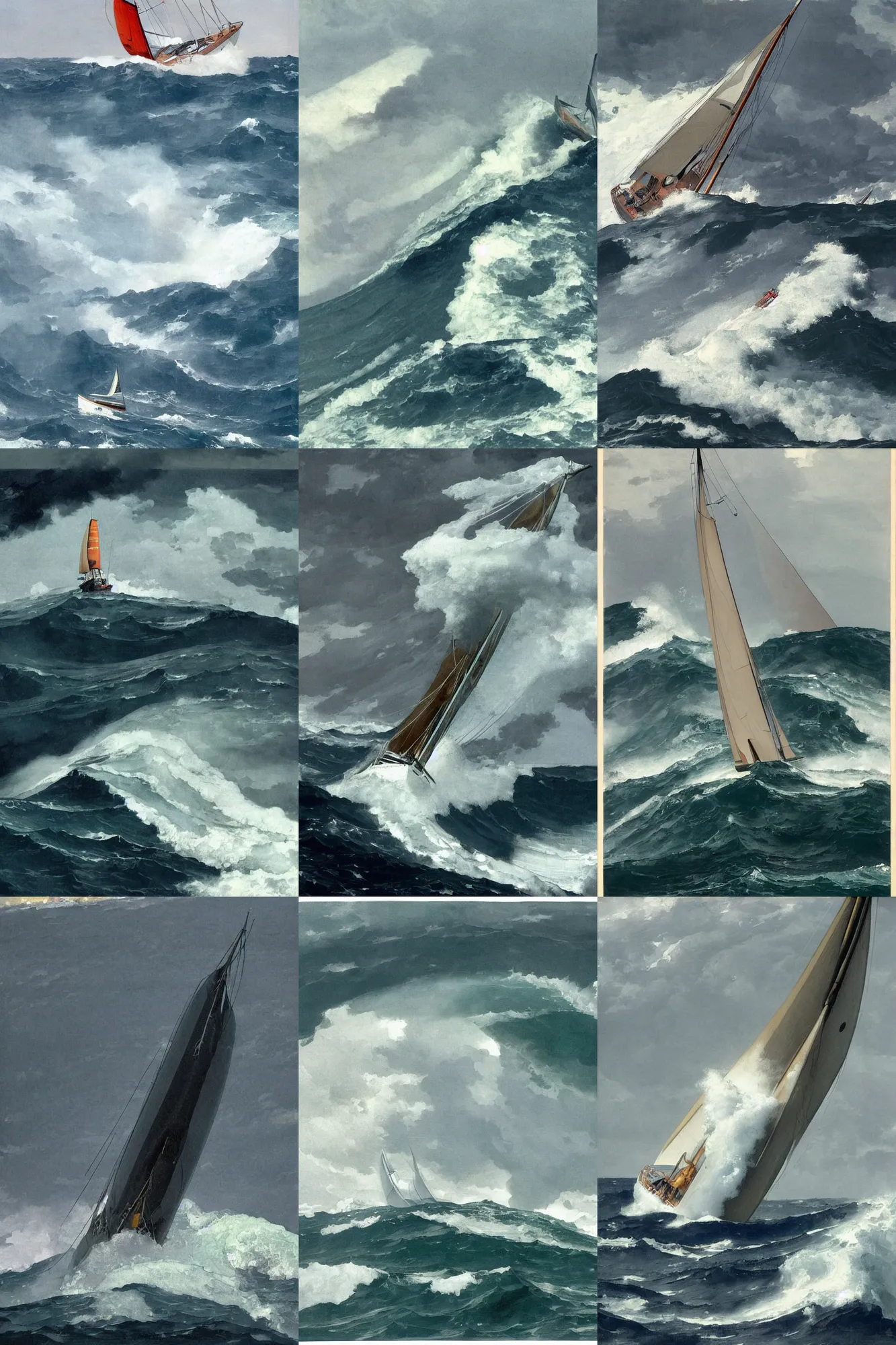 Prompt: top down photo at 45 degrees, of a sailing yacht in a severe storm, high seals and huge waves portraying helplessness by Winslow Homer