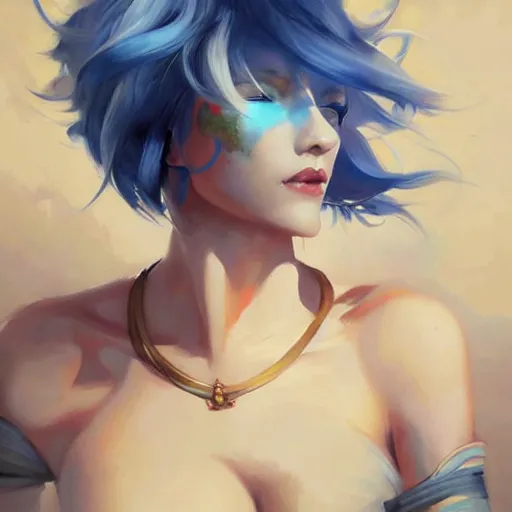 Image similar to a beautiful painting of a woman with short blue hair representative of the art style of artgerm and wlop and peter mohrbacher