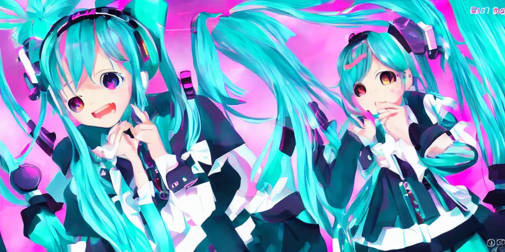 Image similar to hatsune miku preforming on stage , digital art, art station, trending on art station, anime, colorful art