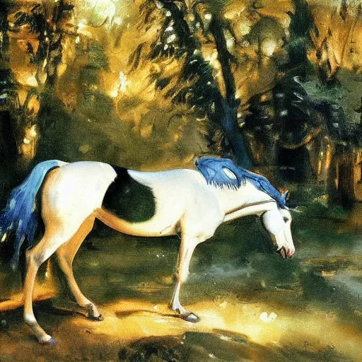 Image similar to A beautiful water painting of an elf Horse in the forest, John Singer Sargent