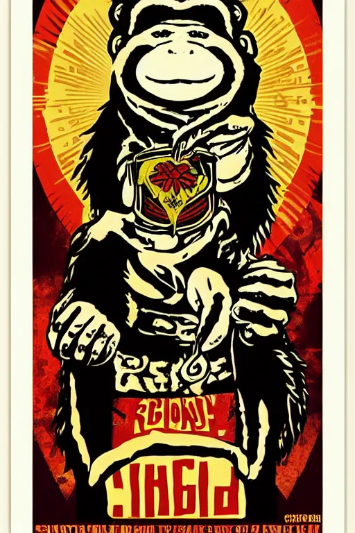 Prompt: Shepard Fairey poster of reggae weed smoking monkey , color, high resolution.