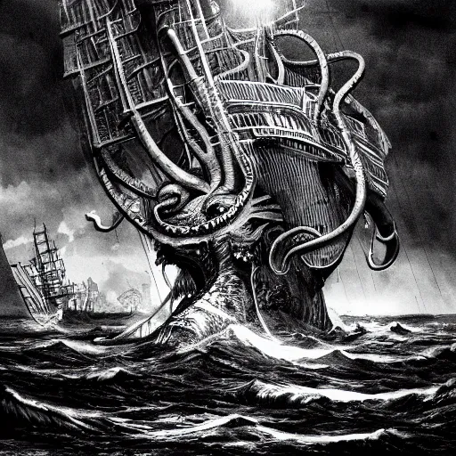 Image similar to kraken devours a huge ship in the style of kentaro miura, 4 k, 8 k, absolute detail of even the smallest details and particles, beautiful shadows, beautiful art, black and white drawing