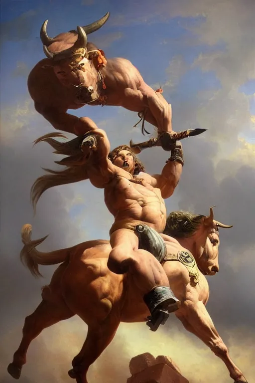 Image similar to oil painting of a strong minotaur with a bull face and wearing full plate armor, in style of ivan aivazovsky, expressive face, detailed face, detailed eyes, full body, feminine face, tracer overwatch,