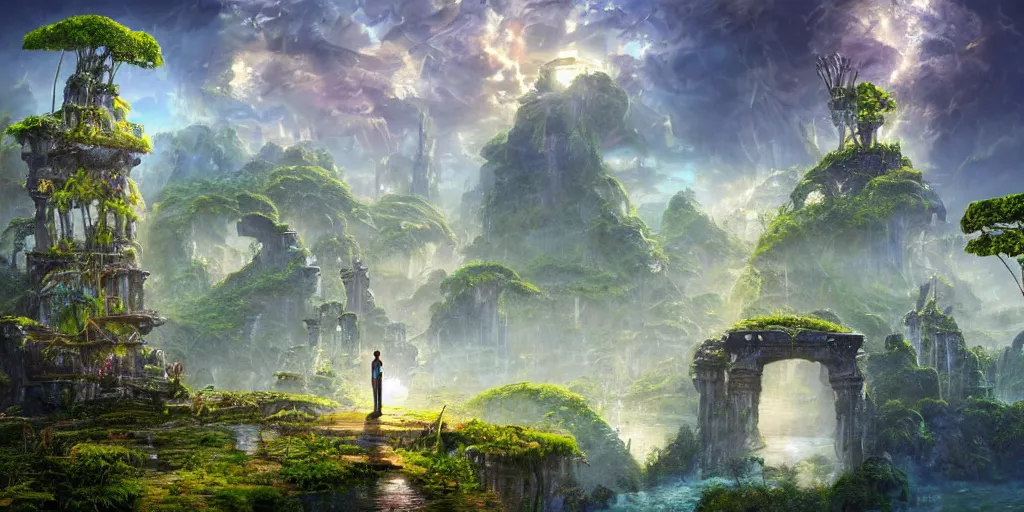 Image similar to balanced masterpiece, fairytale, futuristic city, industrial lake, monolithic temple, interstellar infinity portal, rainforest mountains, lush plants flowers, epic natural light, bright clouds, luminous sky, outer worlds, bright cinematic lighting, edmund evans, michael cheval, michael whelan, airbrush digital nouveau oil painting, vray, 8 k hd