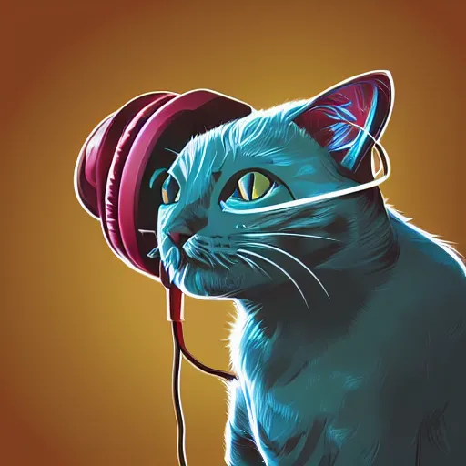 Image similar to artwork of a cat with gaming headphones, by dan mumford, matte painting, hyperrealistic, photorealistic, artstation trending, cmyk