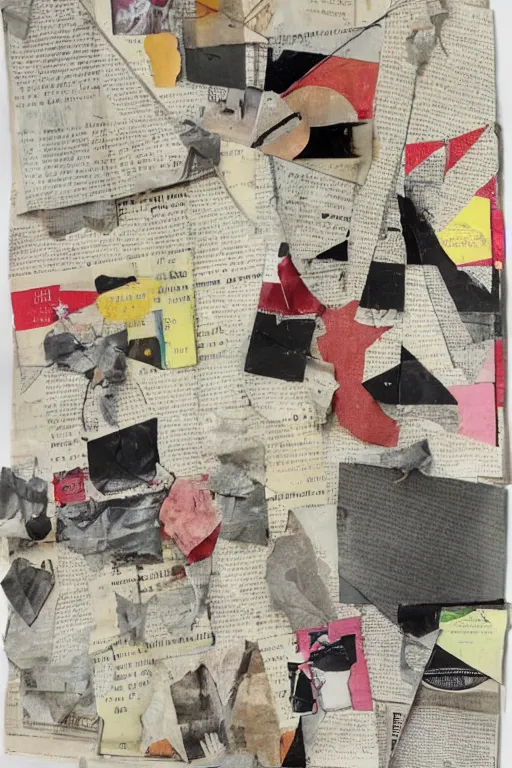 Prompt: an abstract collage artwork made of cut - up shapes on old paper : : organic shapes, newspaper clippings, old photographs, graphical ephemera : : dynamic composition in the style of kurt schwitters