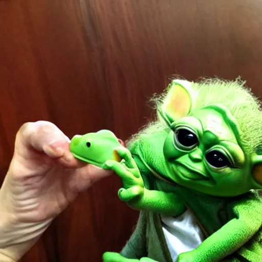 Prompt: baby yoda trying to eat kermit the frog,