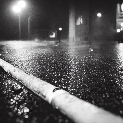 Image similar to beautiful photo, aspic on asphalt smoking cigarette, night, rain, fog, wet road