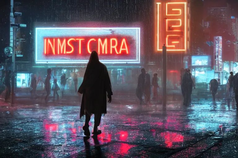 Image similar to a cinematic photograph of jesus walking through a dystopian city street whilst a large group of cyber tech robots follow, rain falls, neon advertisement light up the street, ultra realistic, high definition