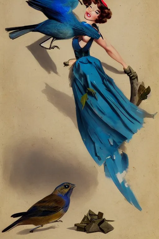 Image similar to pinup girl holding an indigo bunting, bird, the bird is wearing a bowtie, by greg rutkowski, rossdraws, gil elvgren, enoch bolles, anime, porcelain skin, very coherent