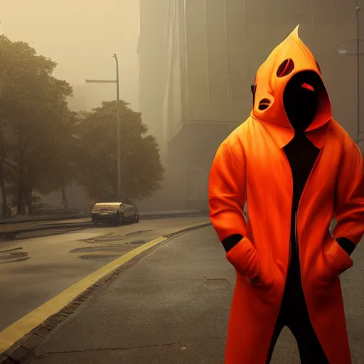 Image similar to villain wearing a red oni mask, orange jacket, dark background, unreal engine 5, ultra realistic, detailed, fog, volumetric lighting, by greg rutkowski,