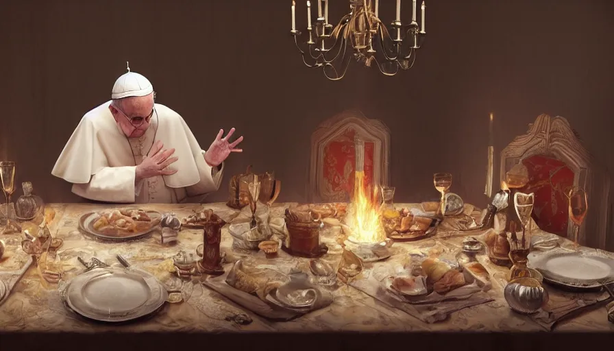 Image similar to the pope at a shabbat dinner, hyperdetailed, artstation, cgsociety, 8 k