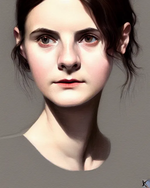 Image similar to portrait of a welsh teenage girl with brown hair, glowing skin, delicate features, quiet beauty, amelie poulain, Audreybreaker, teenage Louise brealey, fantasy, intricate, elegant, dress shirt, highly detailed, digital painting, artstation, concept art, smooth, sharp focus, illustration, art by Krenz Cushart and Artem Demura and alphonse mucha